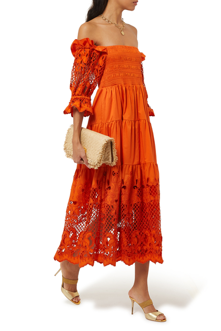 Lattice Embroidered Cotton Midi Dress
